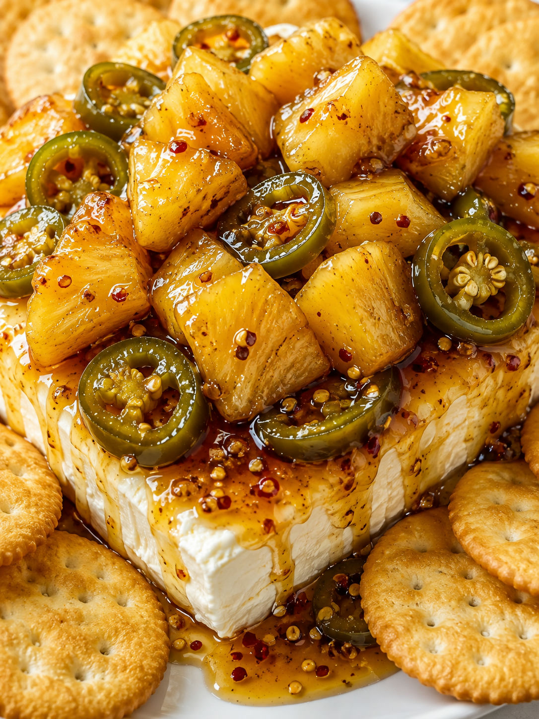 Pineapple cowboy candy spooned over cream cheese with crackers