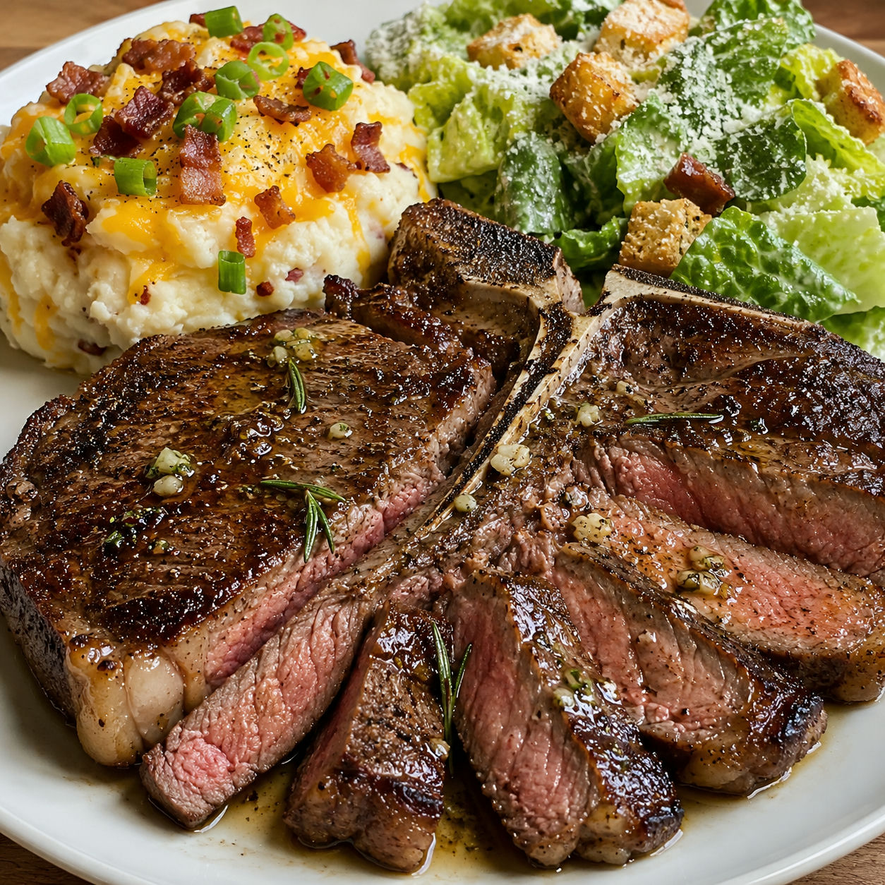 T-bone steak with loaded mashed potatoes and Caesar salad