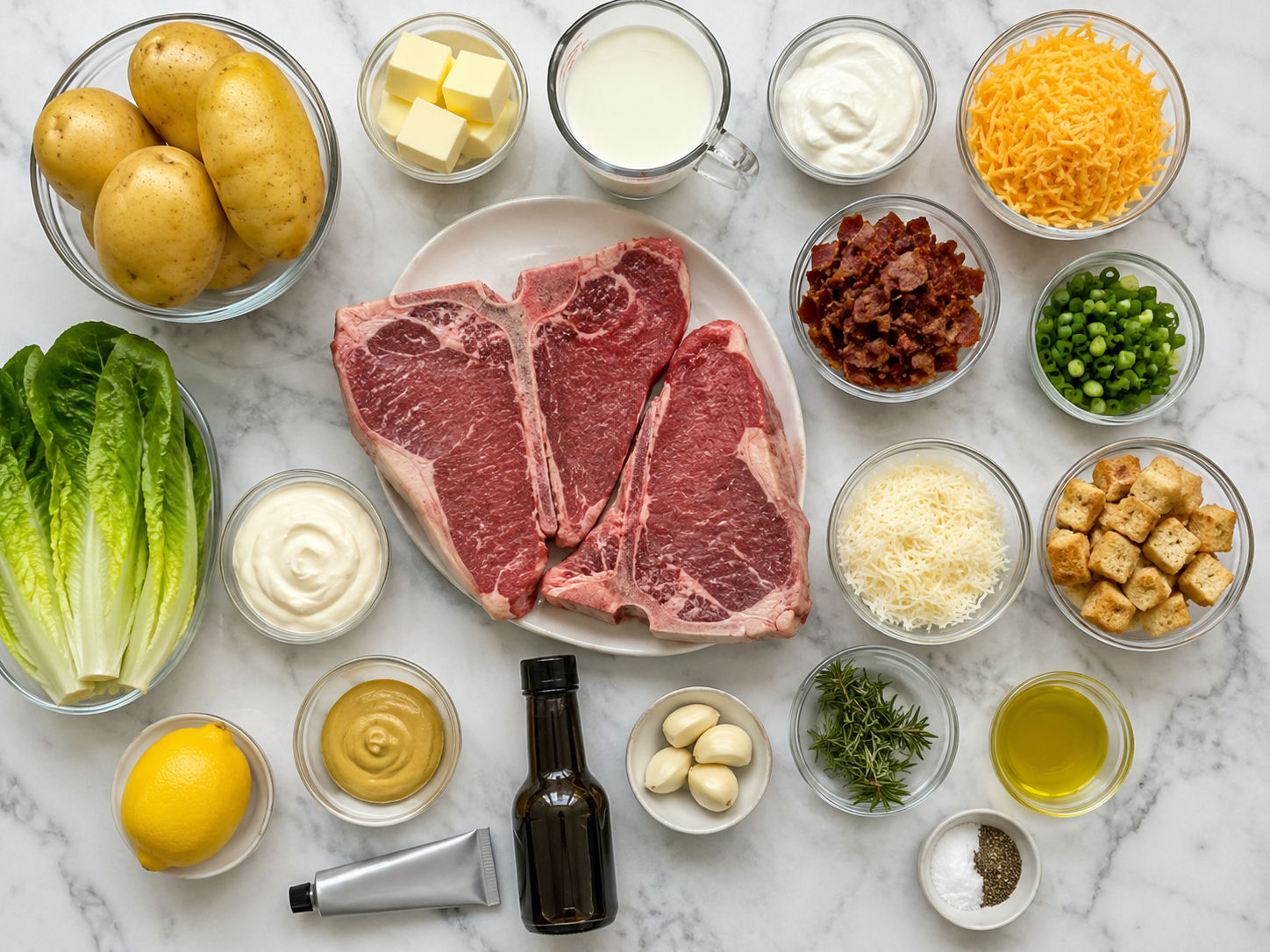 Ingredients for T-bone steak, loaded mash, and Caesar salad