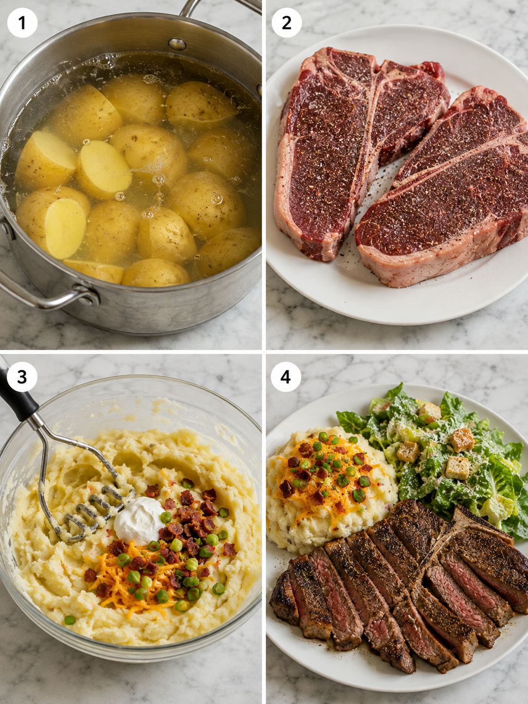 Steps for searing T-bone steak, making mash, and tossing Caesar salad