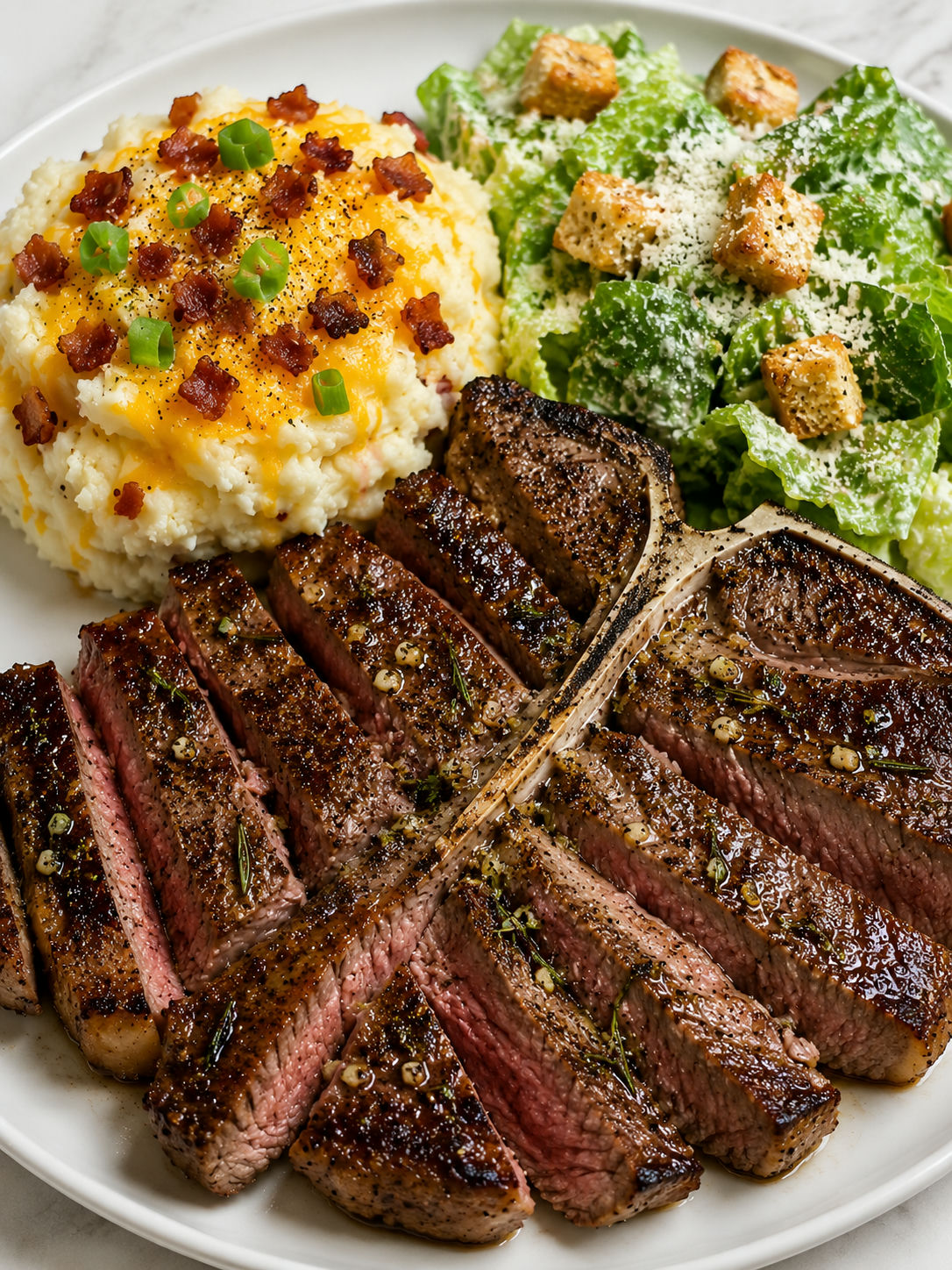 T-bone steak dinner with loaded mash and crisp Caesar salad