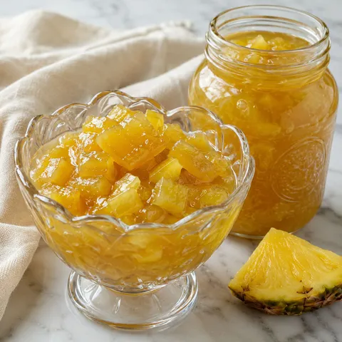 Golden zucchini pineapple in syrup with an open mason jar