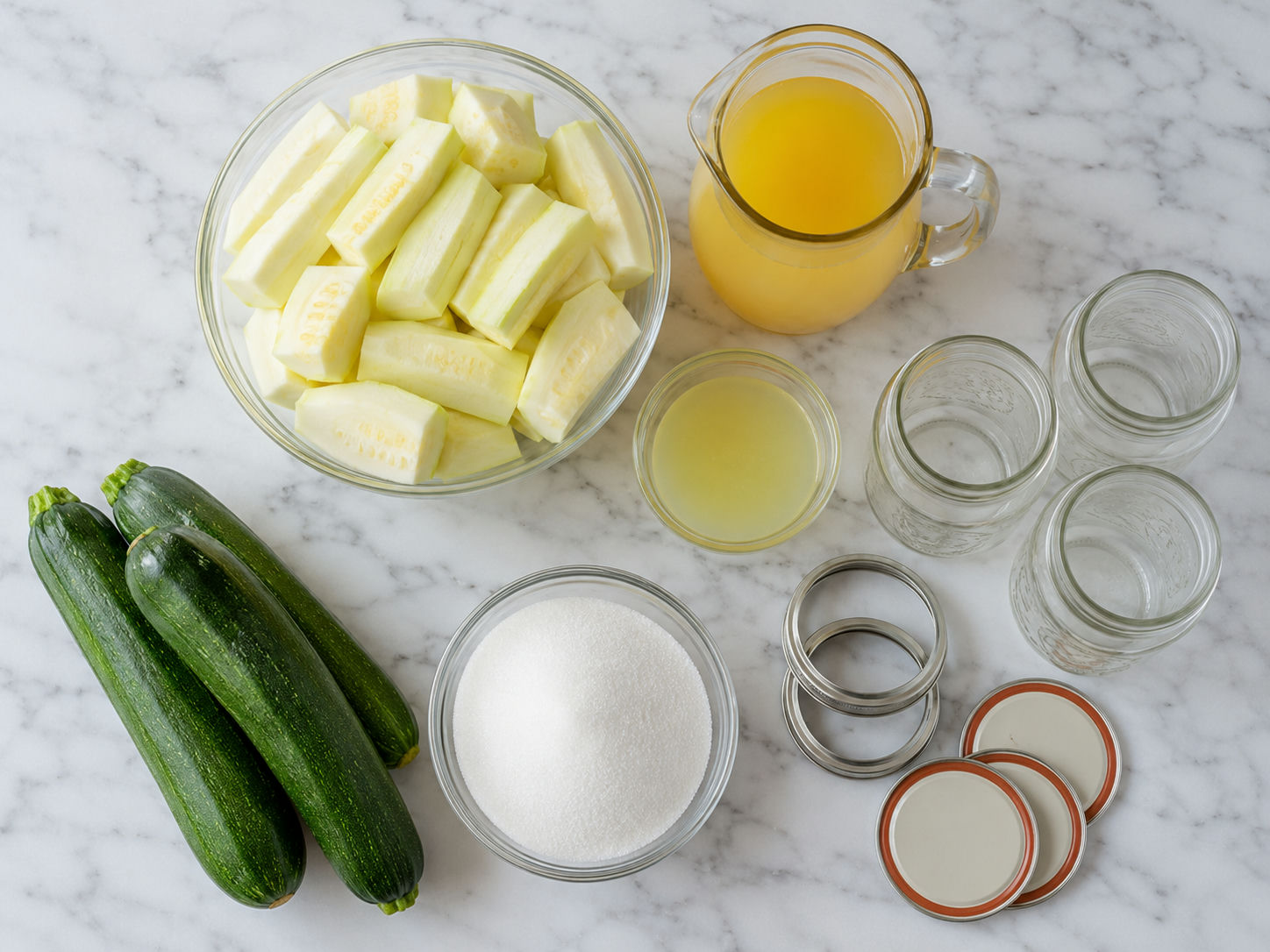 Zucchini, pineapple juice, lemon juice, sugar, and canning jars