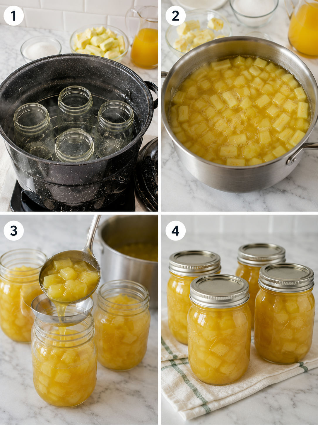 Four steps for making zucchini pineapple from cutting to cooling jars