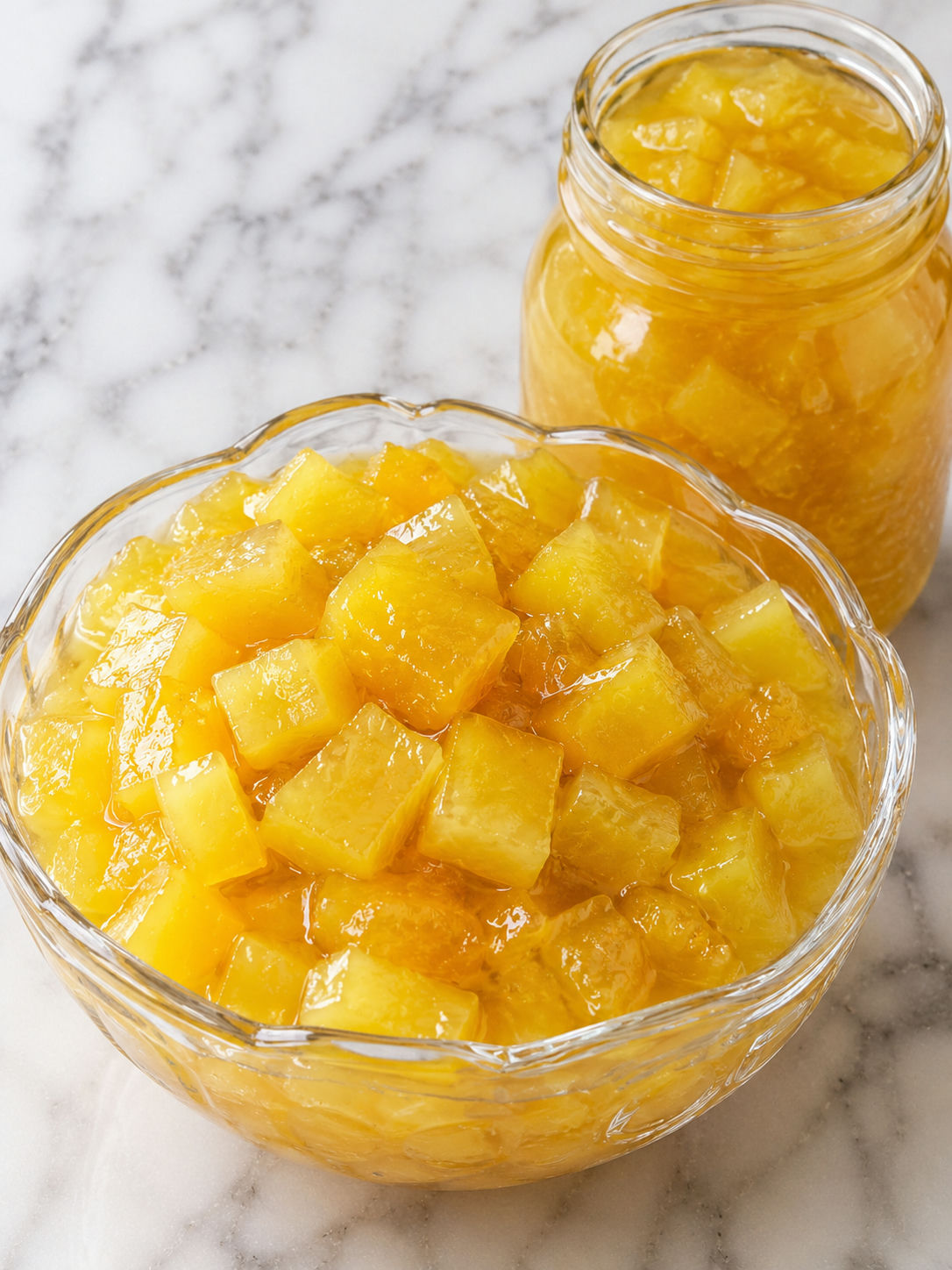 Golden zucchini pineapple in syrup served from a mason jar