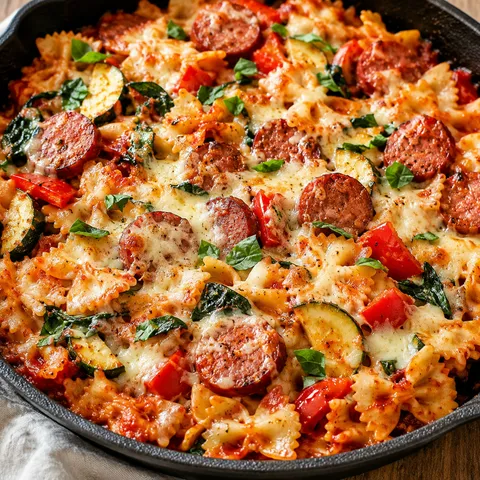 Cheesy bowtie sausage skillet bake with zucchini, peppers, and basil