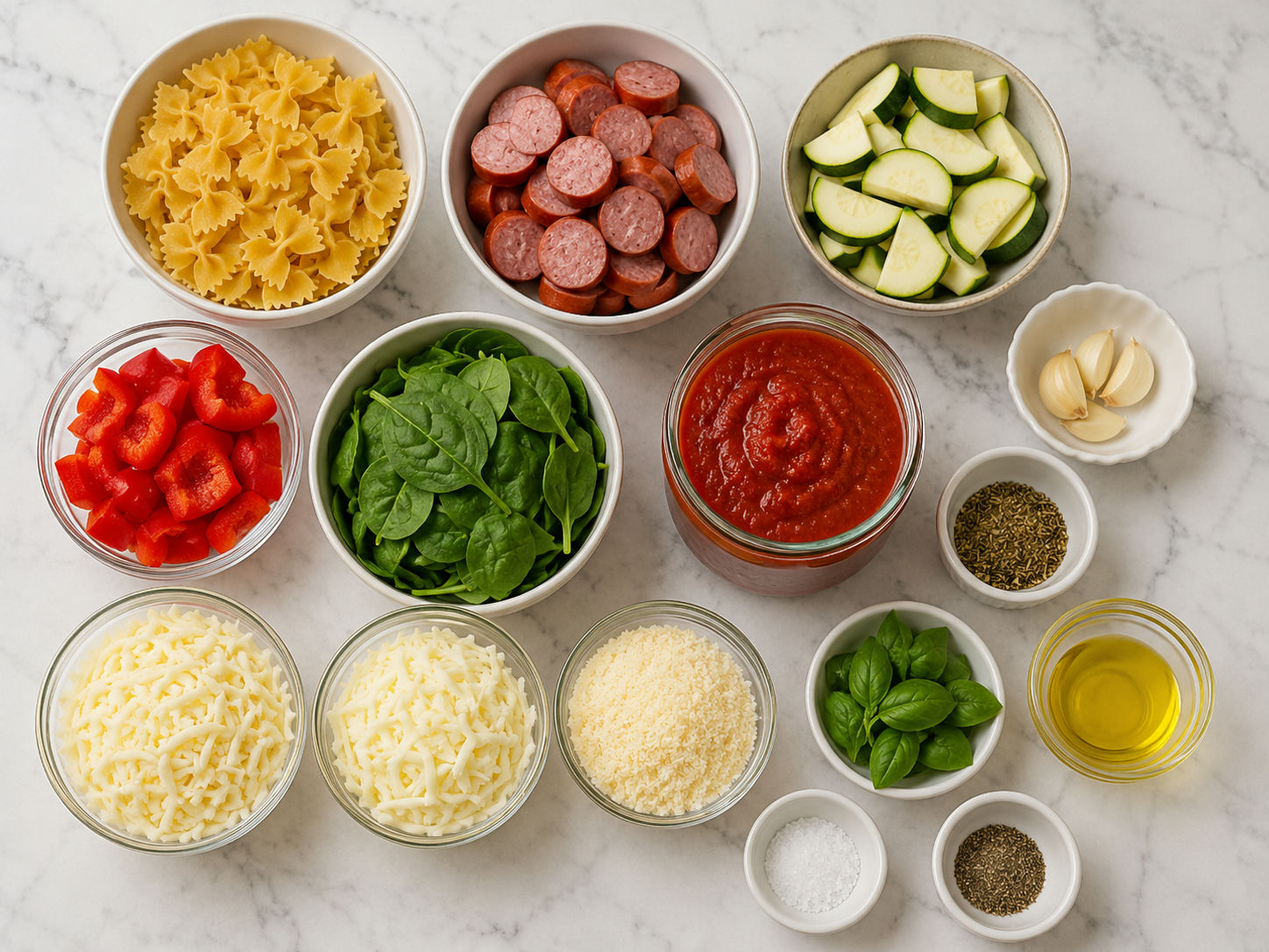 Bowtie pasta, sausage, vegetables, marinara, and three cheeses on a counter