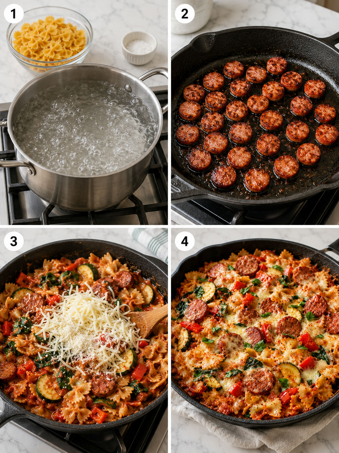 Four cooking steps for a cheesy sausage bowtie skillet bake
