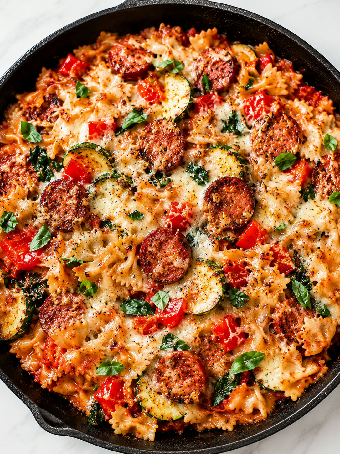 Three-cheese sausage bowtie skillet bake with basil and browned cheese