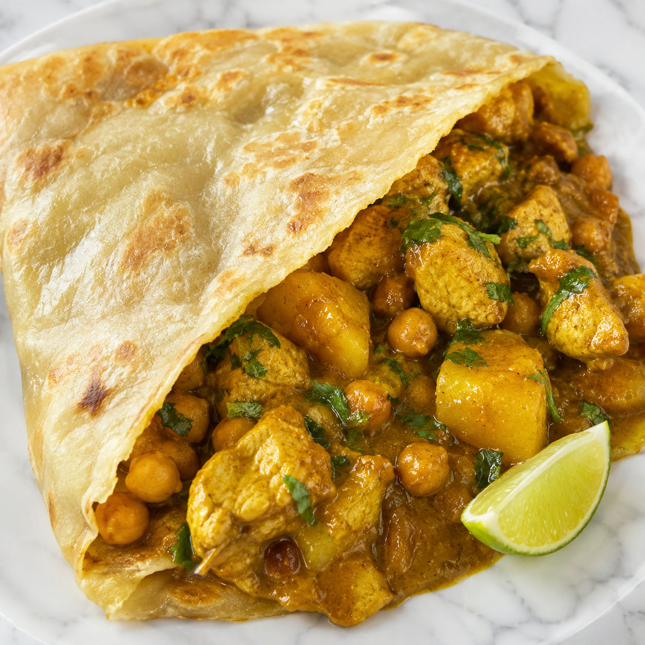 Trinidad curry chicken roti with potatoes and chickpeas in golden gravy