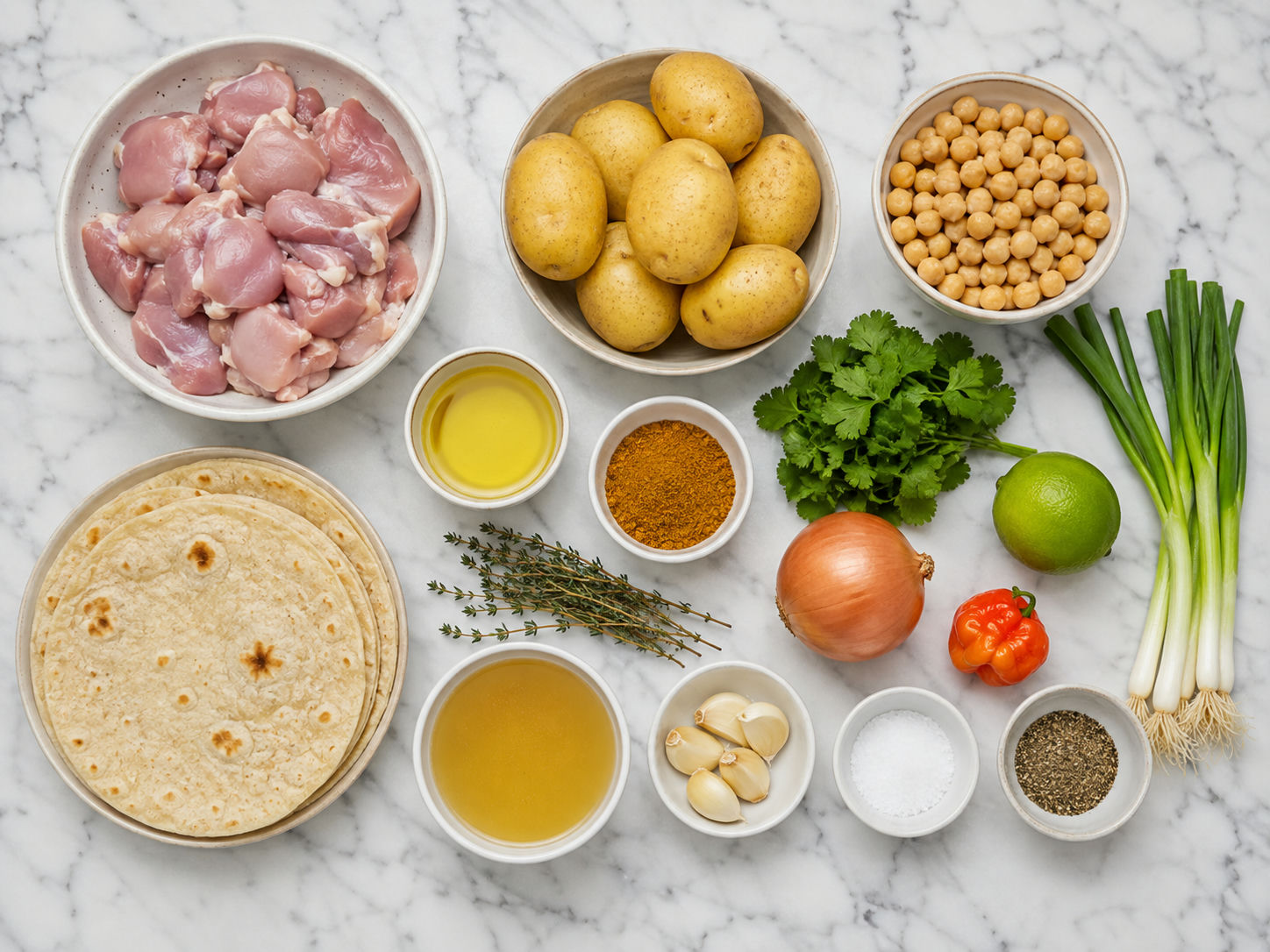 Ingredients for Trinidad curry chicken roti with potatoes on a table