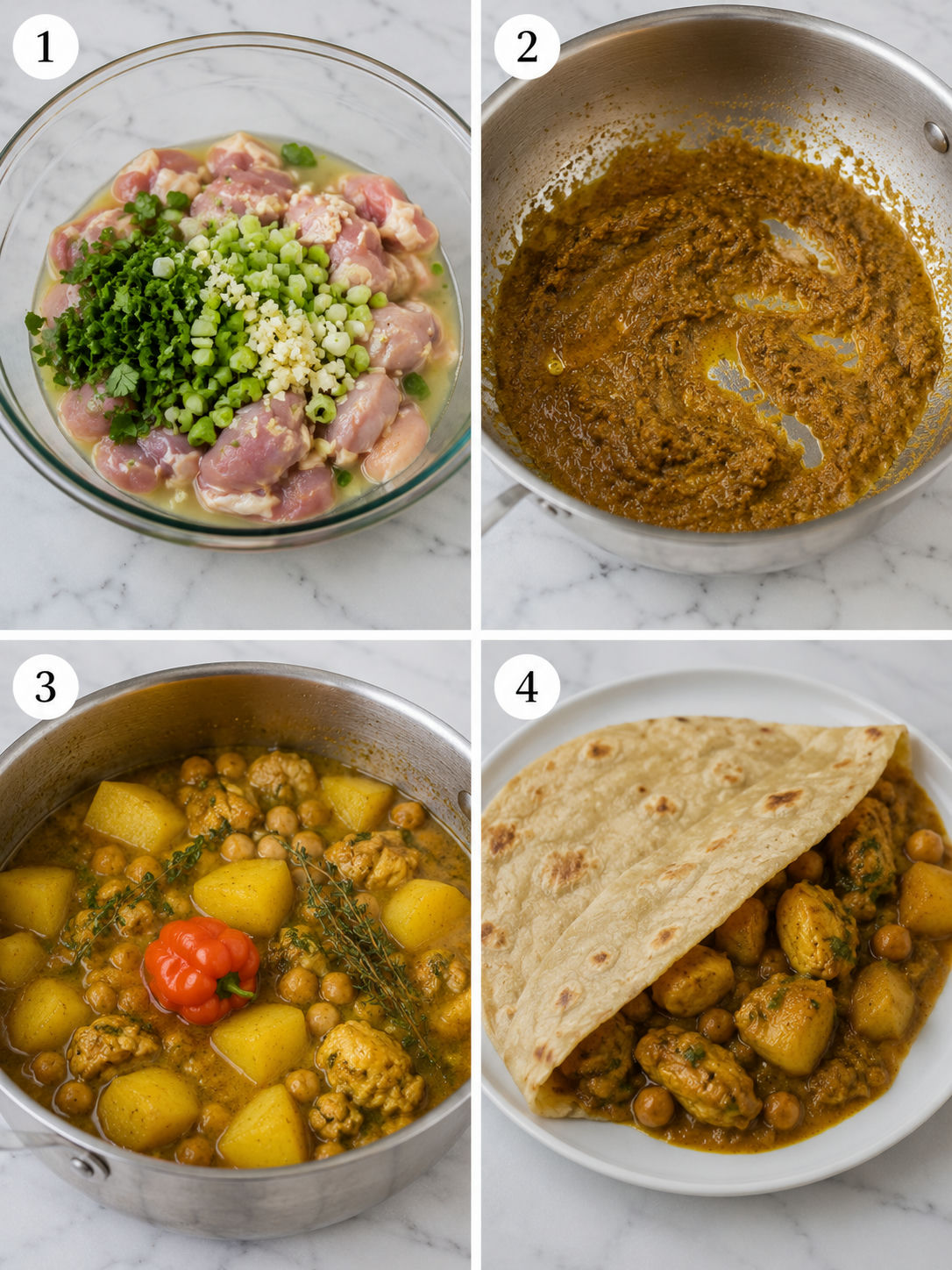 Four cooking steps for Trinidad curry chicken roti with potatoes