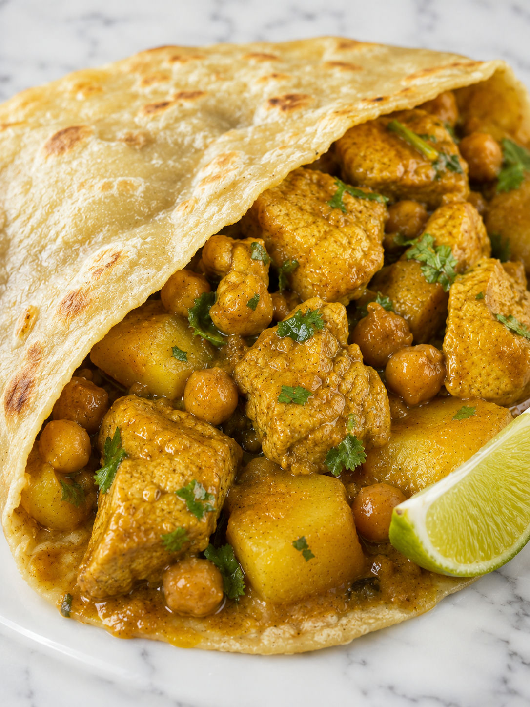 Folded Trinidad chicken roti filled with potatoes, chickpeas, and curry gravy
