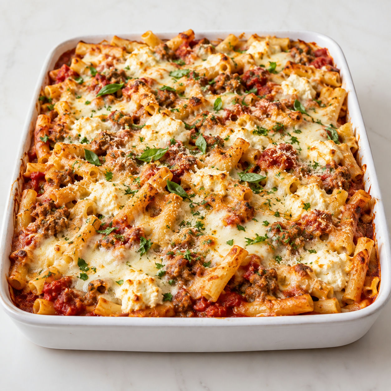 Triple-cheese Italian sausage baked ziti with browned mozzarella and basil