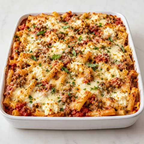 Triple-cheese Italian sausage baked ziti with browned mozzarella and basil