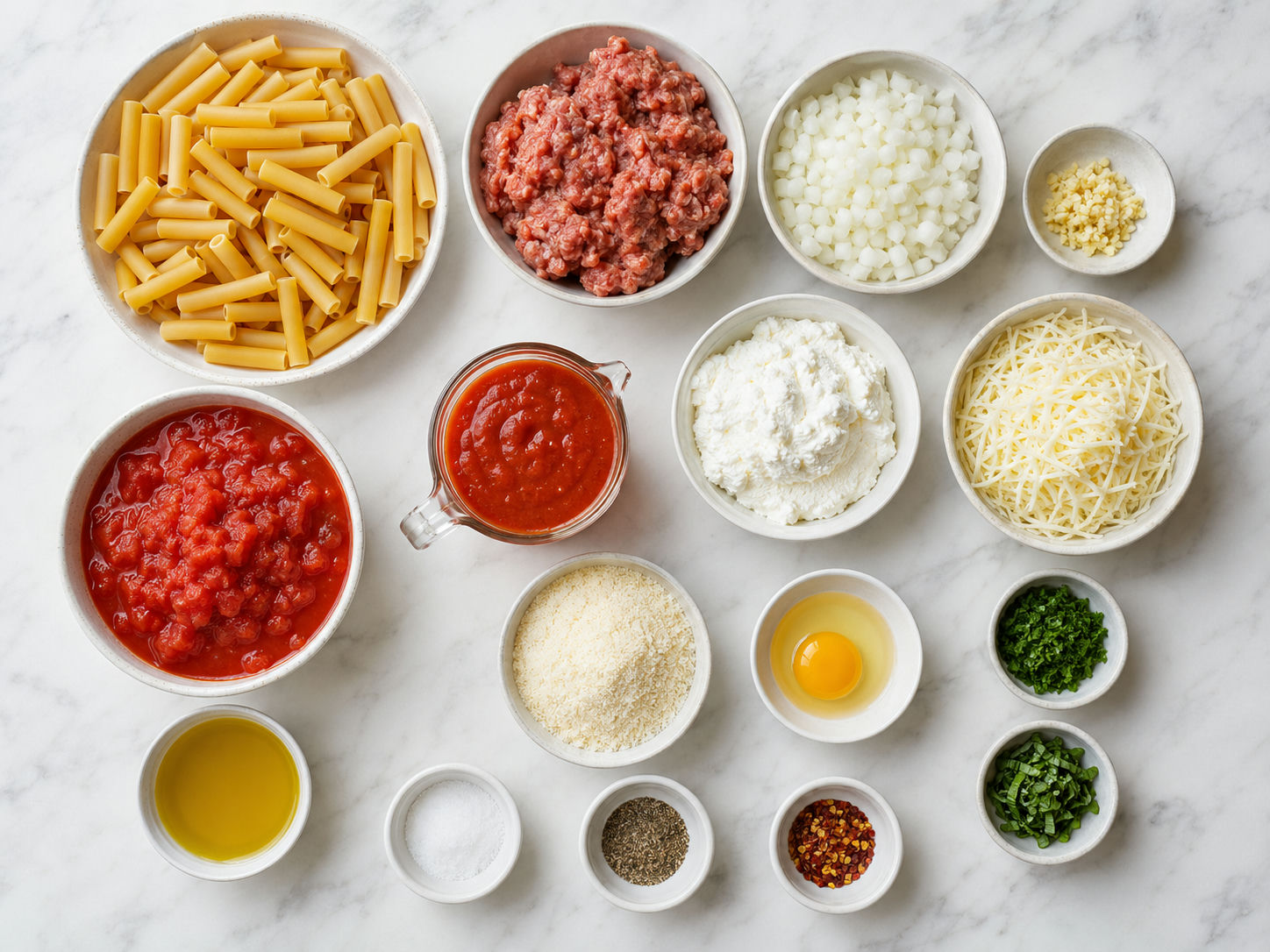 Ingredients for Italian sausage baked ziti with three cheeses and herbs