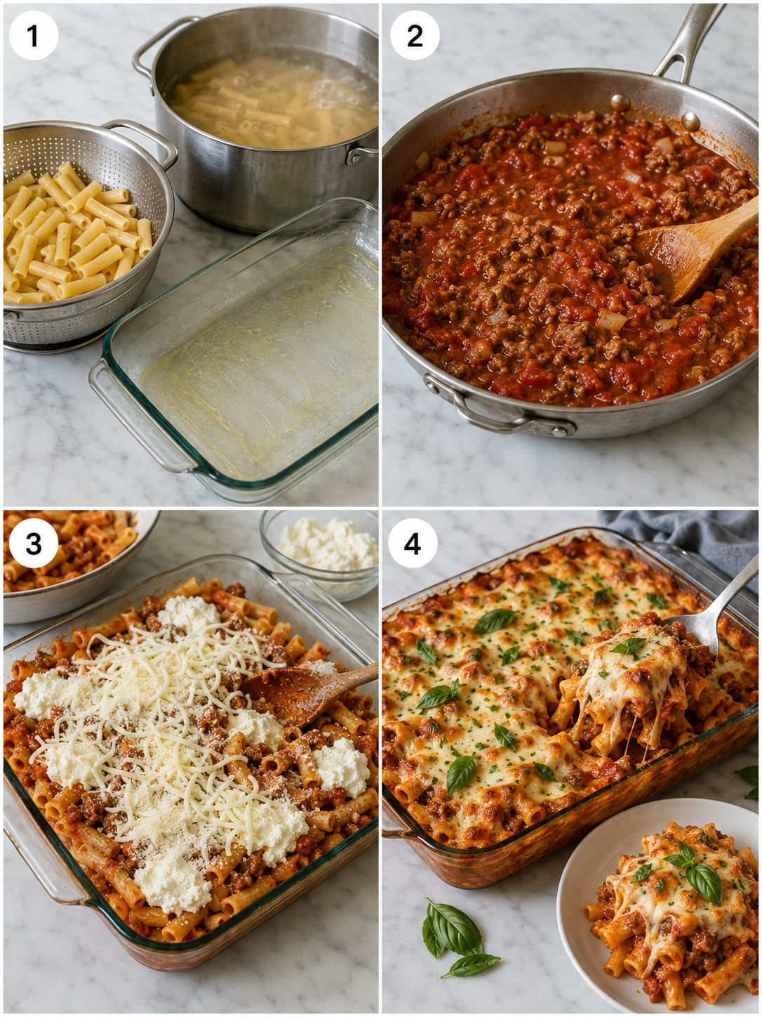 Four cooking steps for Italian sausage baked ziti with ricotta and mozzarella