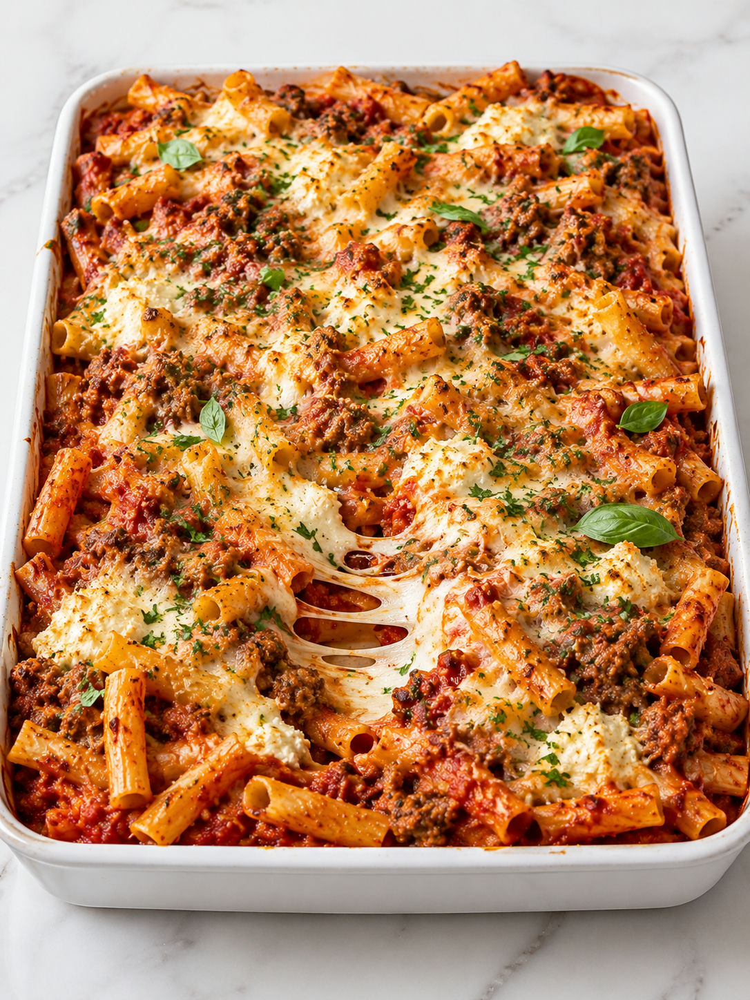 Saucy triple-cheese Italian sausage baked ziti with a melted cheese pull