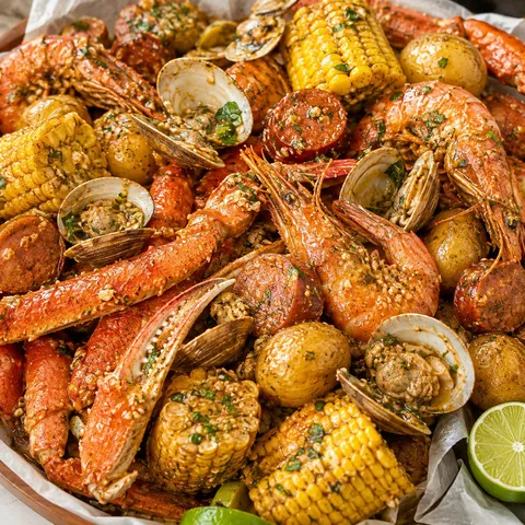 Viet-Cajun seafood boil with shrimp, crab, corn, potatoes, and garlic butter