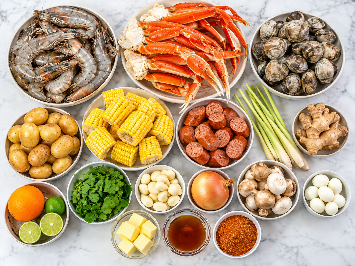 Raw ingredients for Viet-Cajun seafood boil with lemongrass garlic butter