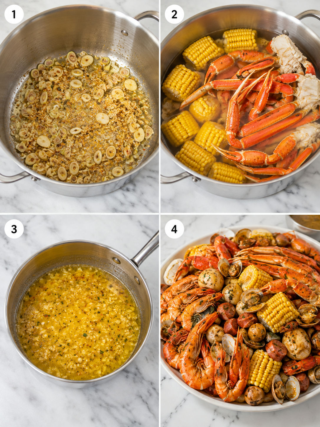 Four cooking steps for Viet-Cajun seafood boil and lemongrass garlic butter