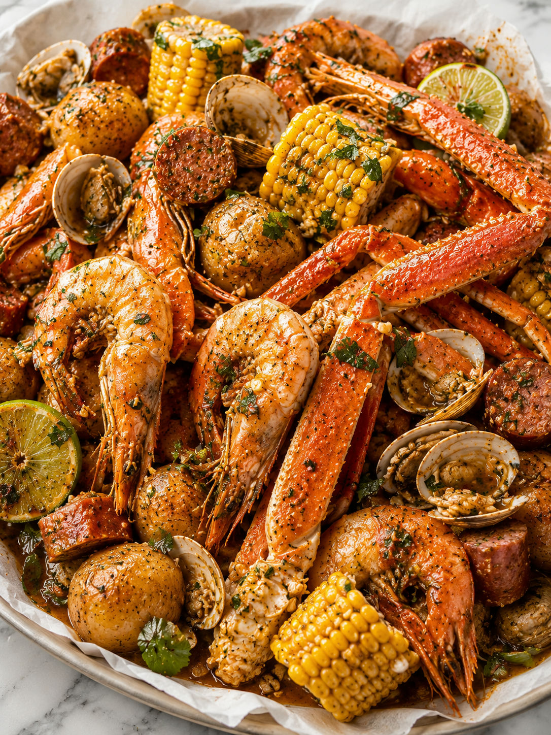 Viet-Cajun seafood boil piled with shrimp, crab, corn, potatoes, and lime
