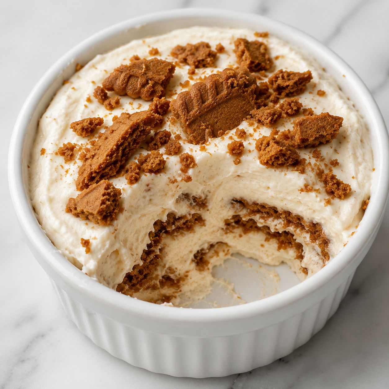 Biscoff yogurt cheesecake cup with softened cookie layers and a spoon