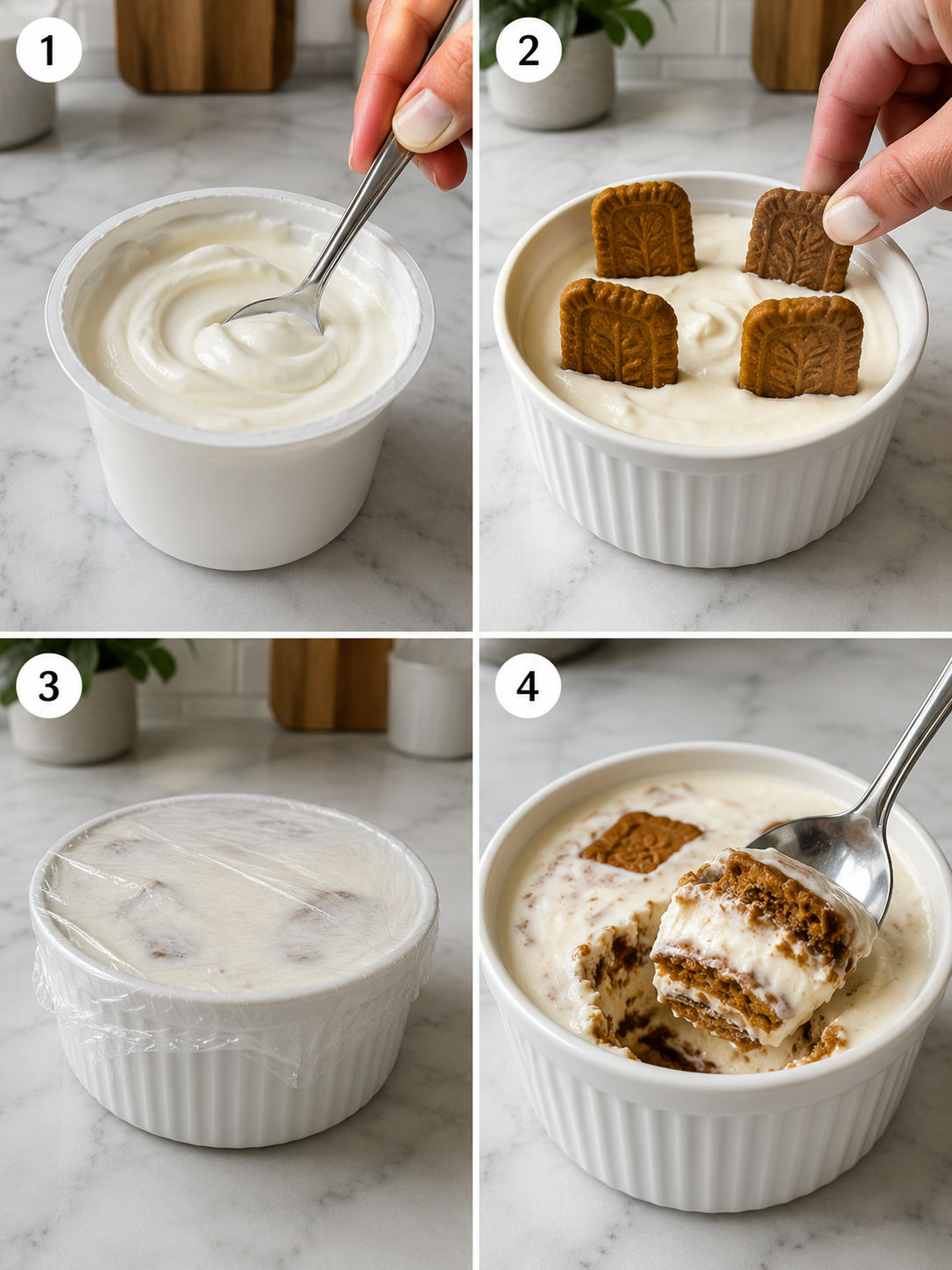 Four steps for chilling Biscoff cookies in Greek yogurt