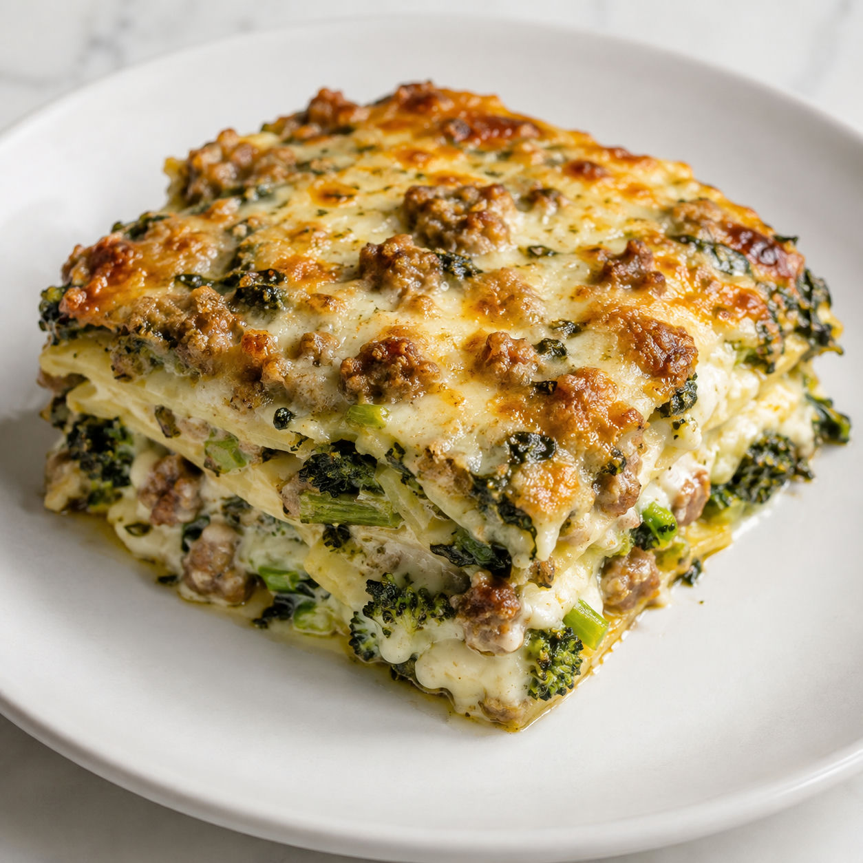 White lasagna slice with sausage, broccoli rabe and browned Parmesan