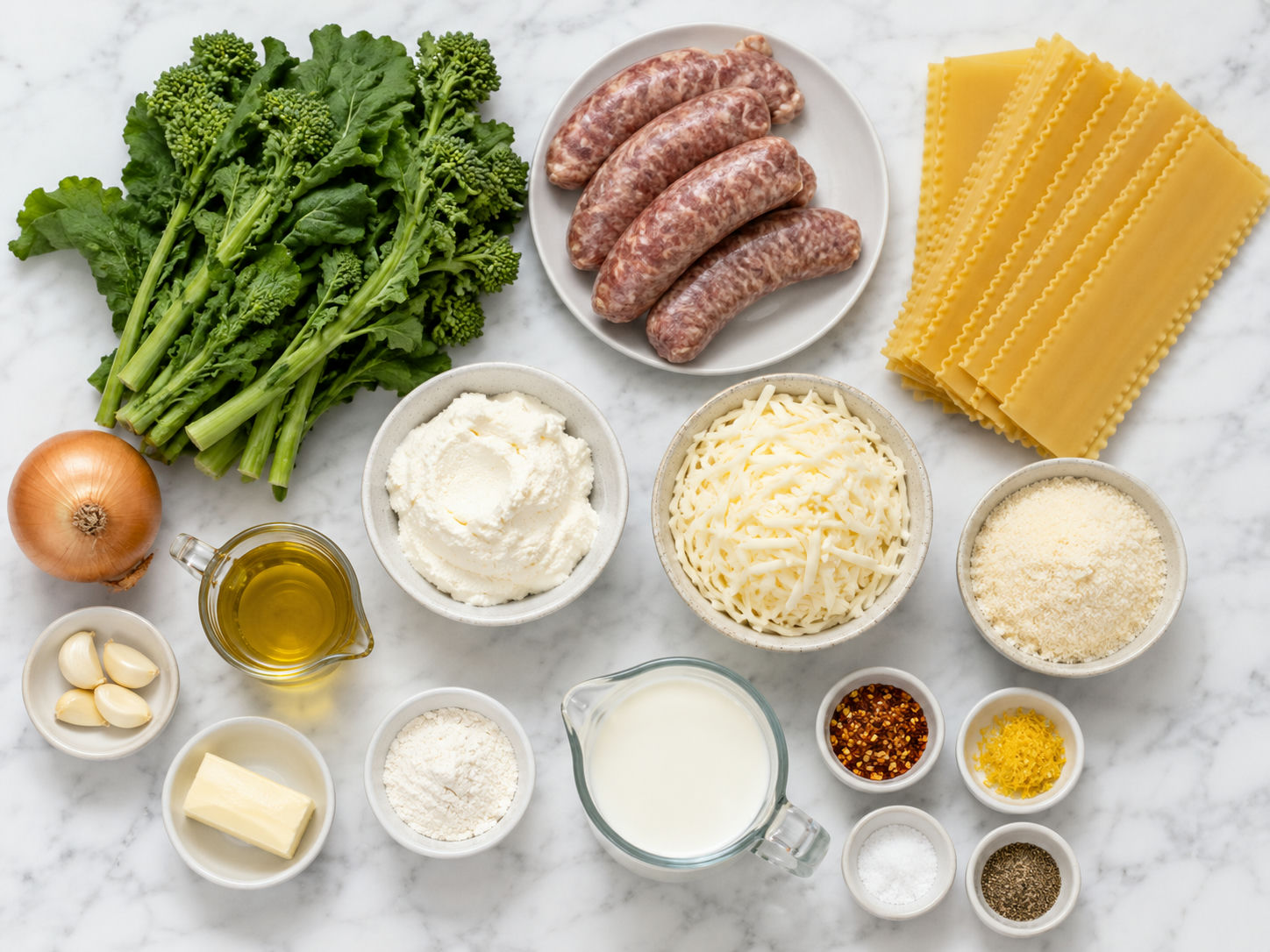 Ingredients for white lasagna with sausage, broccoli rabe and Parmesan
