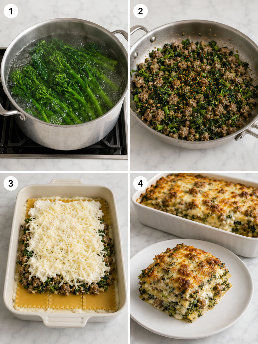 Four cooking steps for white lasagna with sausage and broccoli rabe