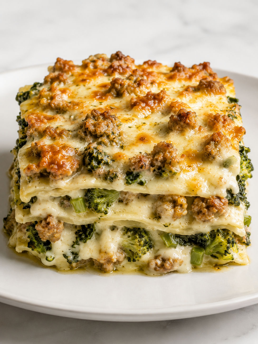 Creamy white lasagna with sausage, broccoli rabe and Parmesan