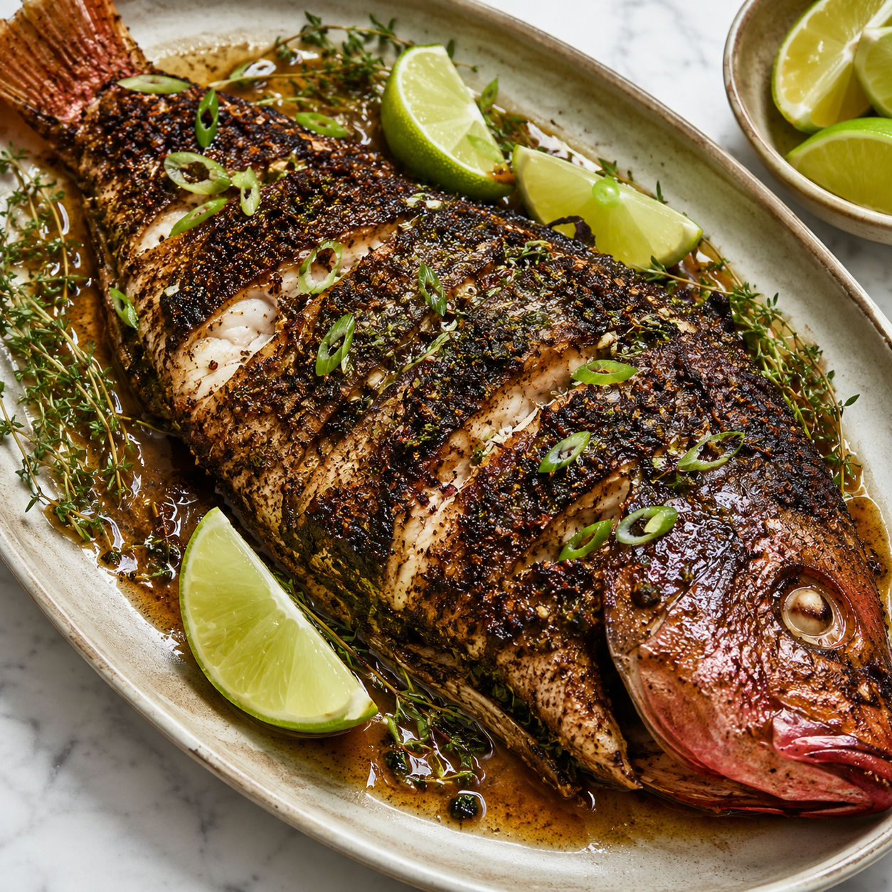 Whole Jamaican jerk snapper with lime wedges and scallions