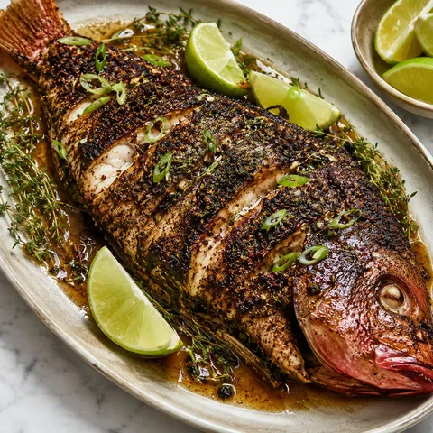 Whole Jamaican jerk snapper with lime wedges and scallions