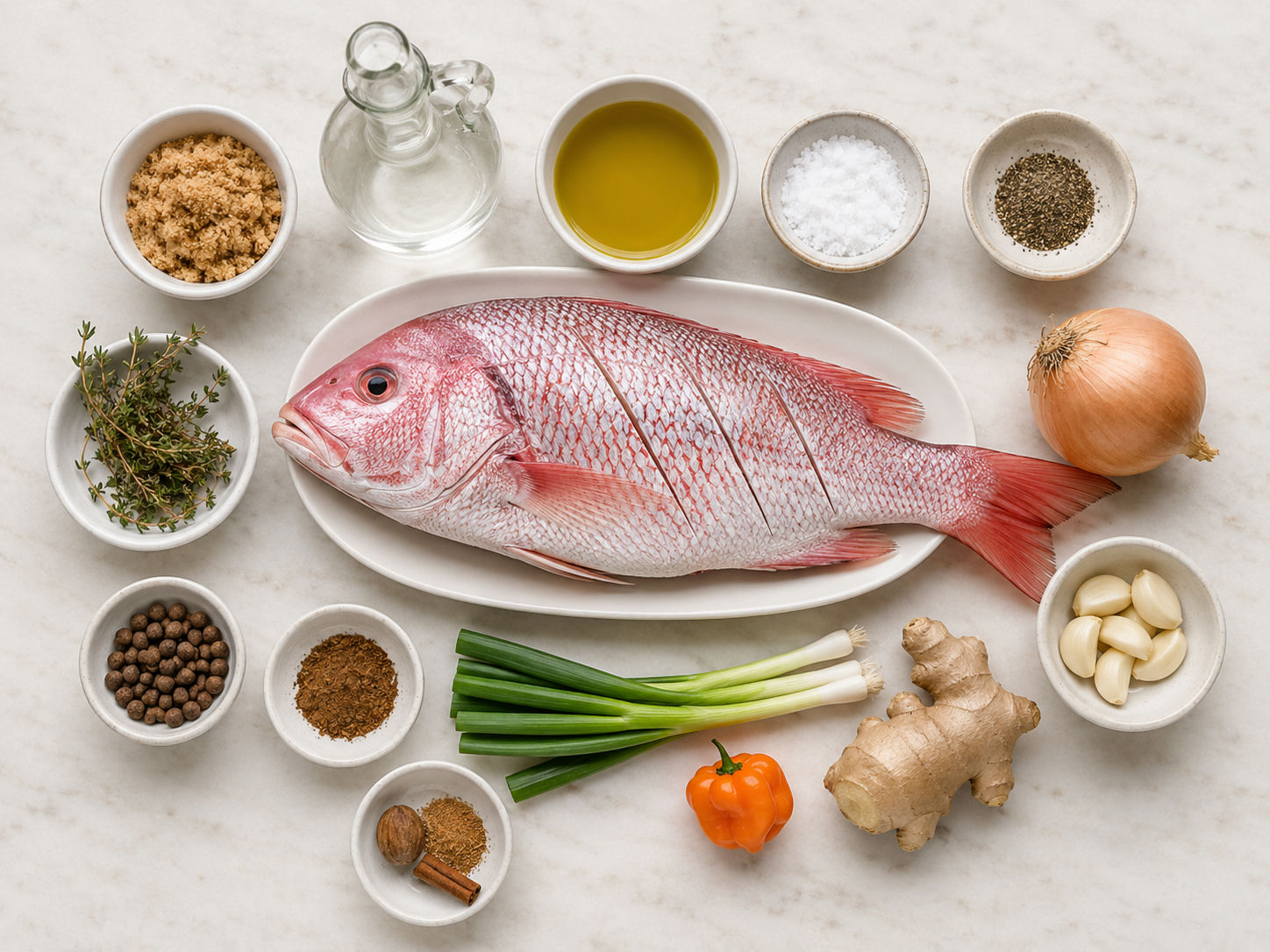 Raw snapper, limes, Scotch bonnet, scallions, thyme, and jerk spices