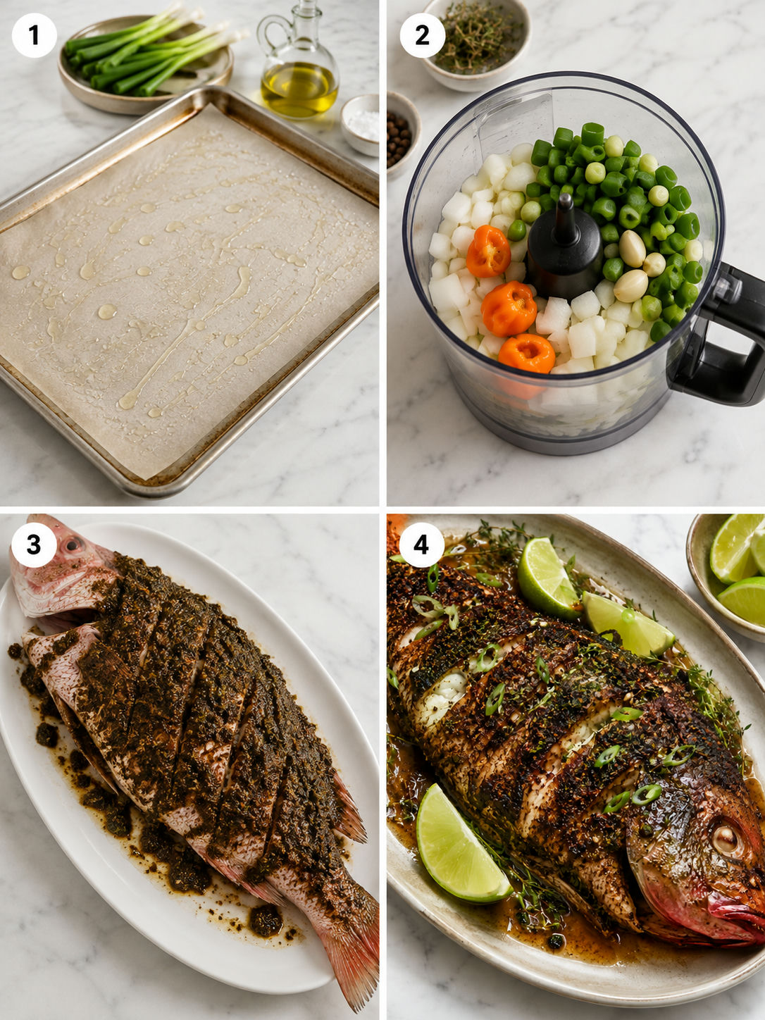 Four steps for scoring, seasoning, and roasting Jamaican jerk fish