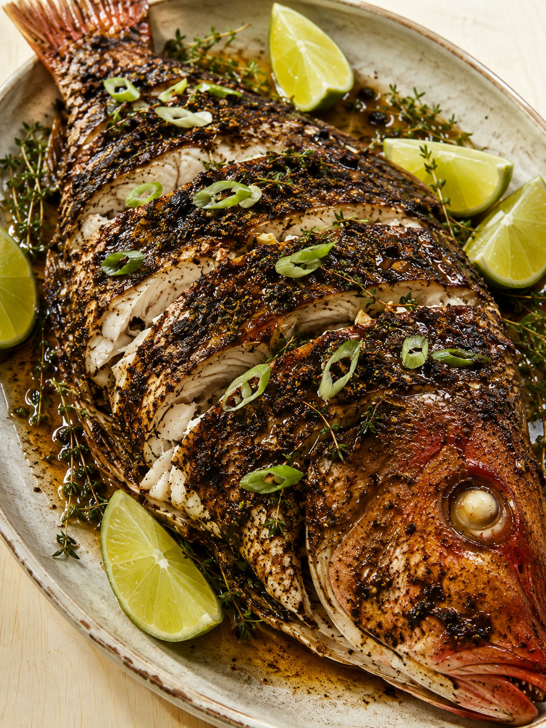 Whole roasted Jamaican jerk fish with lime and scallions