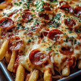 A plate of cheese and pepperoni pizza with french fries.