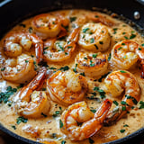 A delicious shrimp dish with a creamy sauce, served in a black pan.