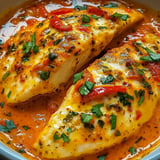 Two pieces of fish with peppers and herbs on top.