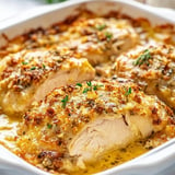 A white bowl filled with chicken covered in cheese and herbs.