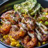 A bowl of food with shrimp, corn, and avocado.