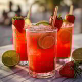 Two glasses of red fruity drink with strawberries and lime slices.