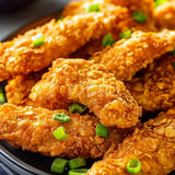 Fried chicken piled on a plate with green onions.