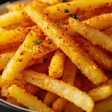 French fries in a bowl finished with a bit of parsley on top.