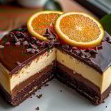 A slice of chocolate cake with orange slices on top.