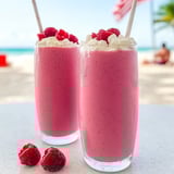 Two glasses of pink smoothie with raspberries on the side.