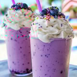 Two glasses of blueberry milkshake with pink straws.