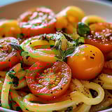 A bowl of pasta with tomatoes and basil.