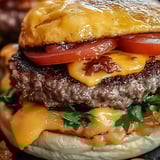 A burger with cheese and tomato.